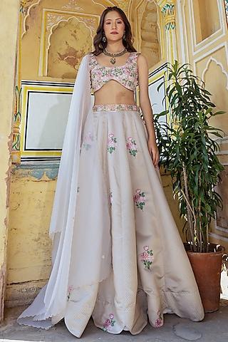 moss green dull satin floral & polka dot lehenga set