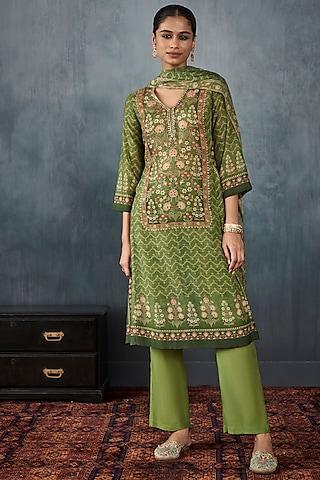 moss green embroidered kurta set