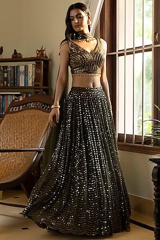 moss green lehenga set with sequins work