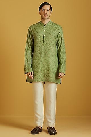 moss green moonga tussar silk embroidered kurta set