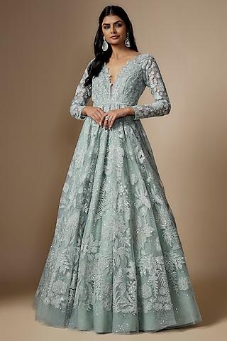 moss green net applique embroidered gown