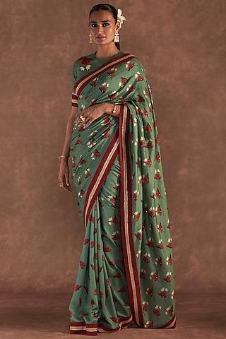 moss green raw silk embroidered & printed saree set