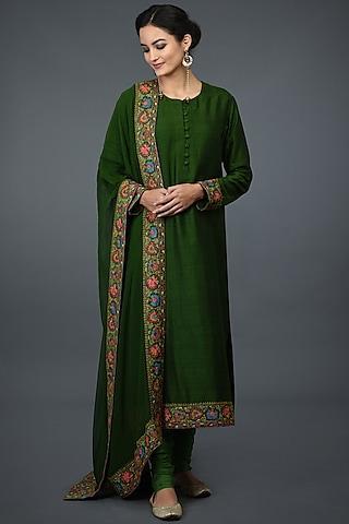 moss green silk embroidered kurta set