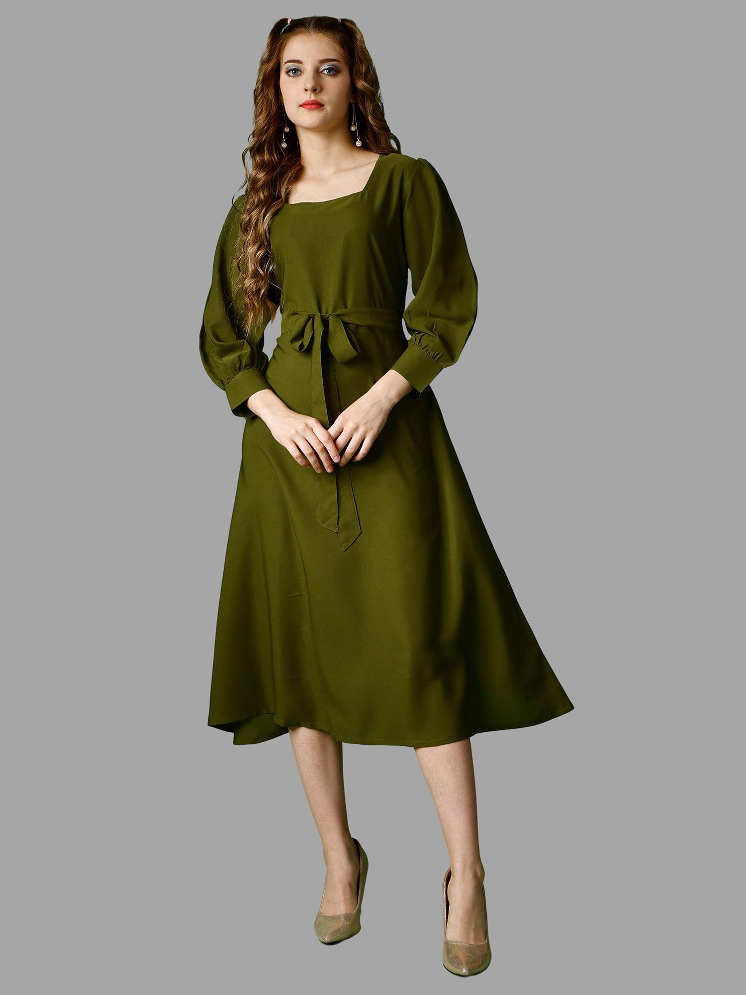 moss green solid full sleeve midi dress for women with belt (set of 2)