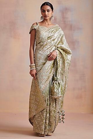 moss green tissue aari embellished saree set