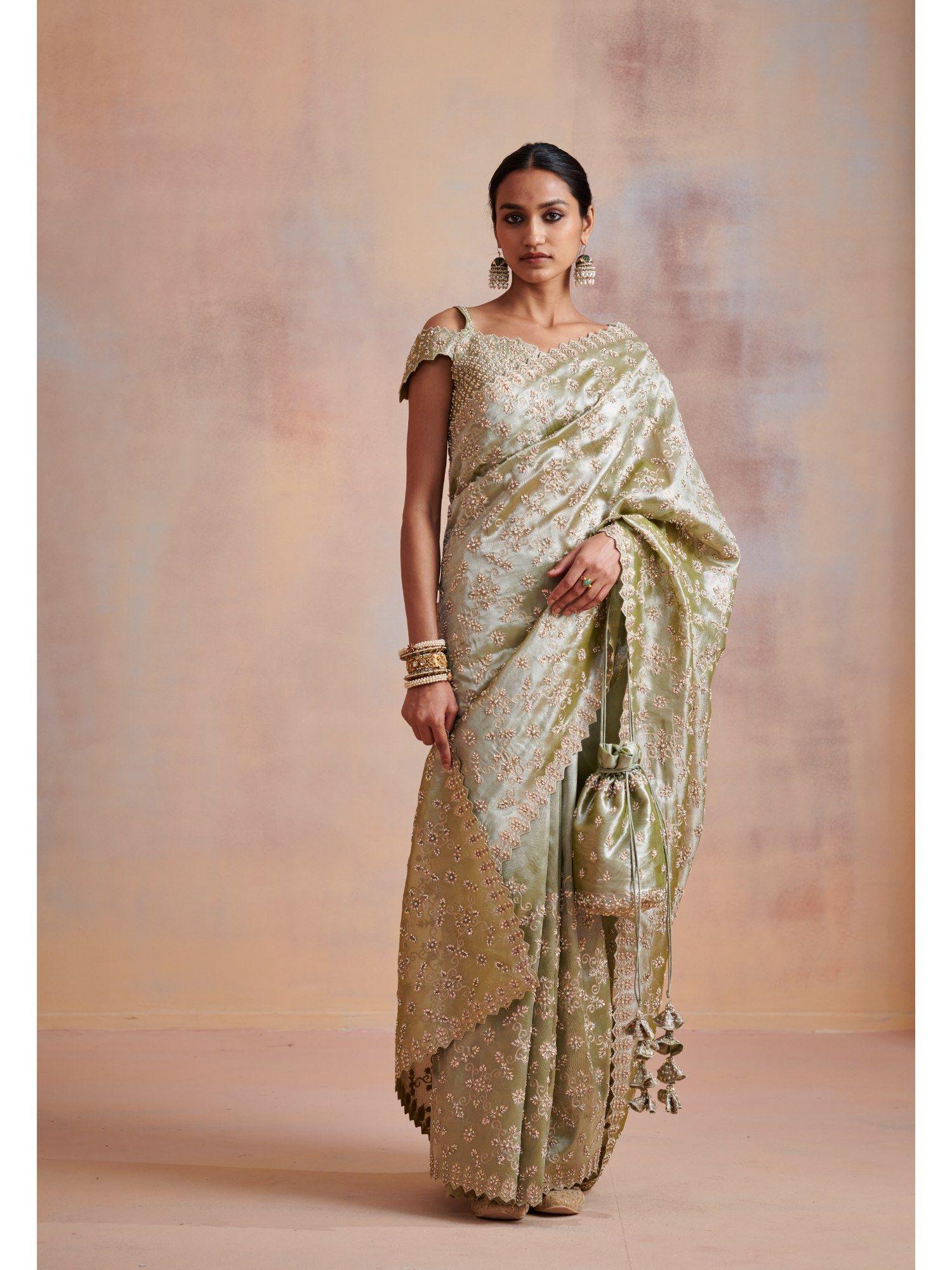 moss green tissue saree with stitched blouse & petticoat with stitched