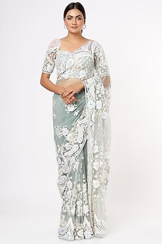 mosse green aari embroidered saree set