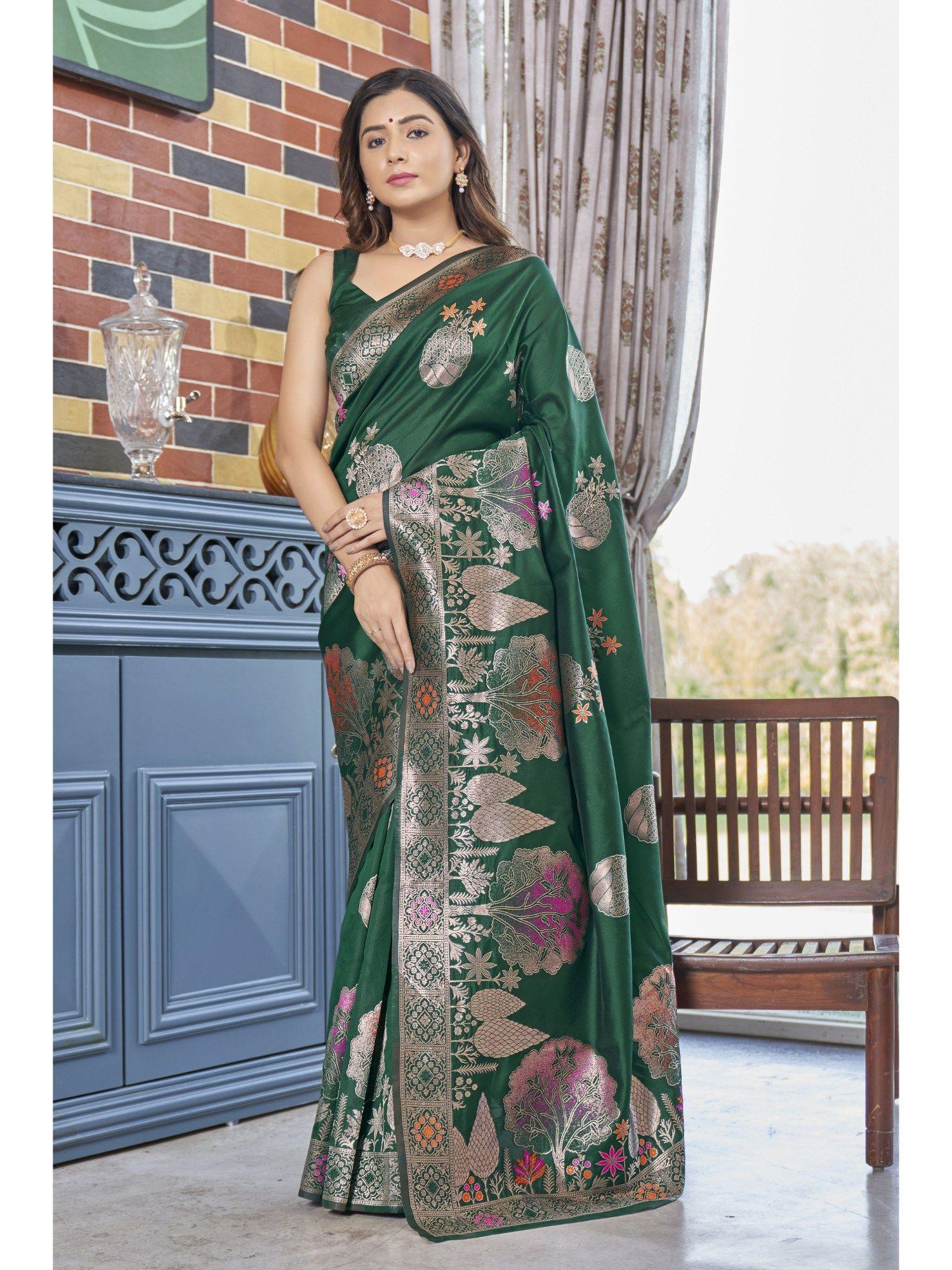 most trendy bottle green banarasi silk zari woven design saree with unstitched blouse