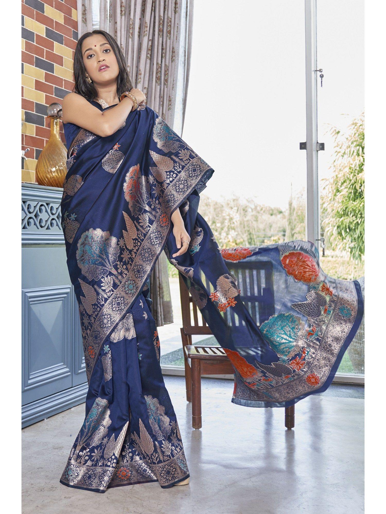 most trendy navy blue banarasi silk zari woven design saree with unstitched blouse