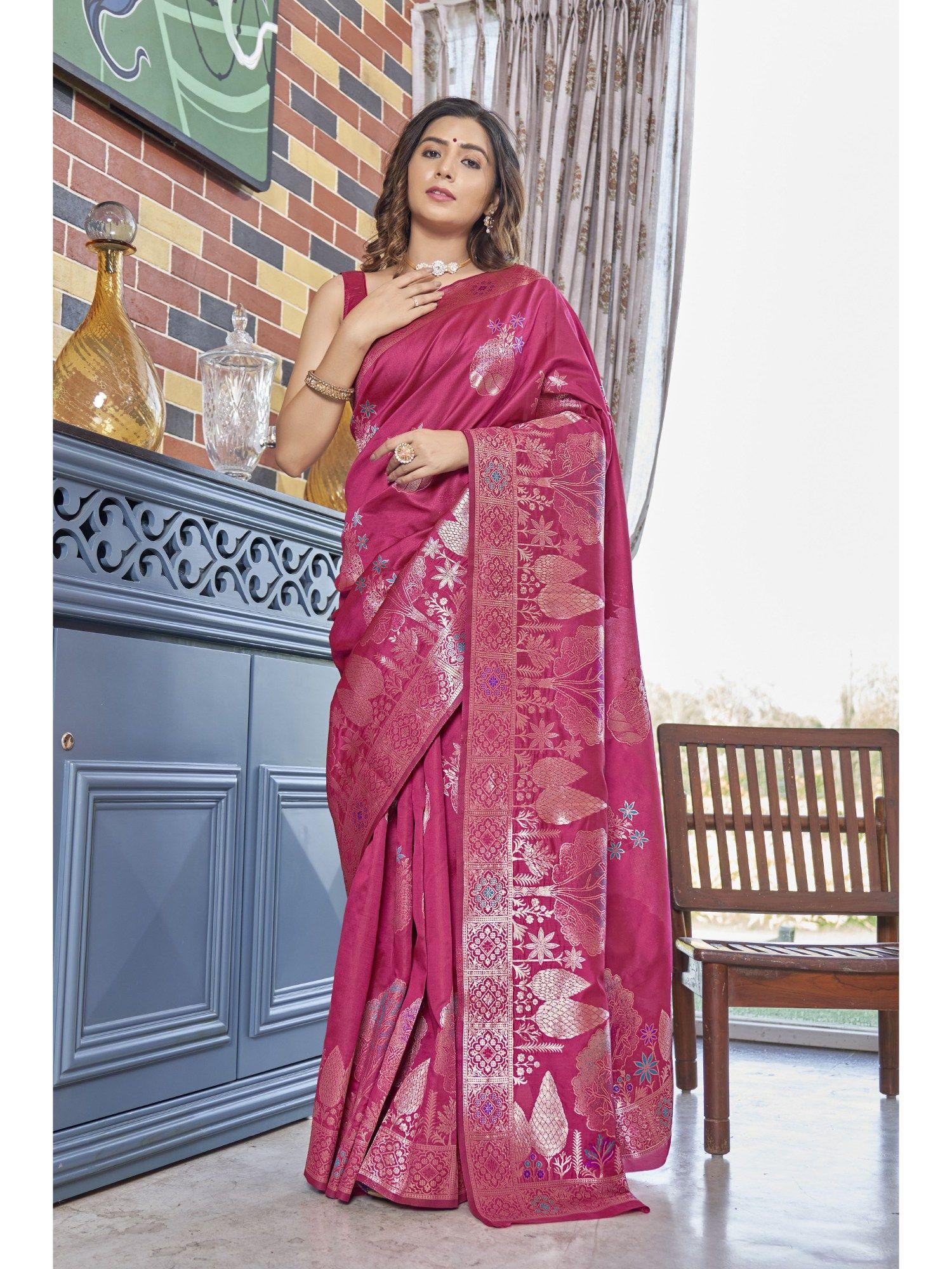 most trendy pink banarasi silk zari woven design saree with unstitched blouse