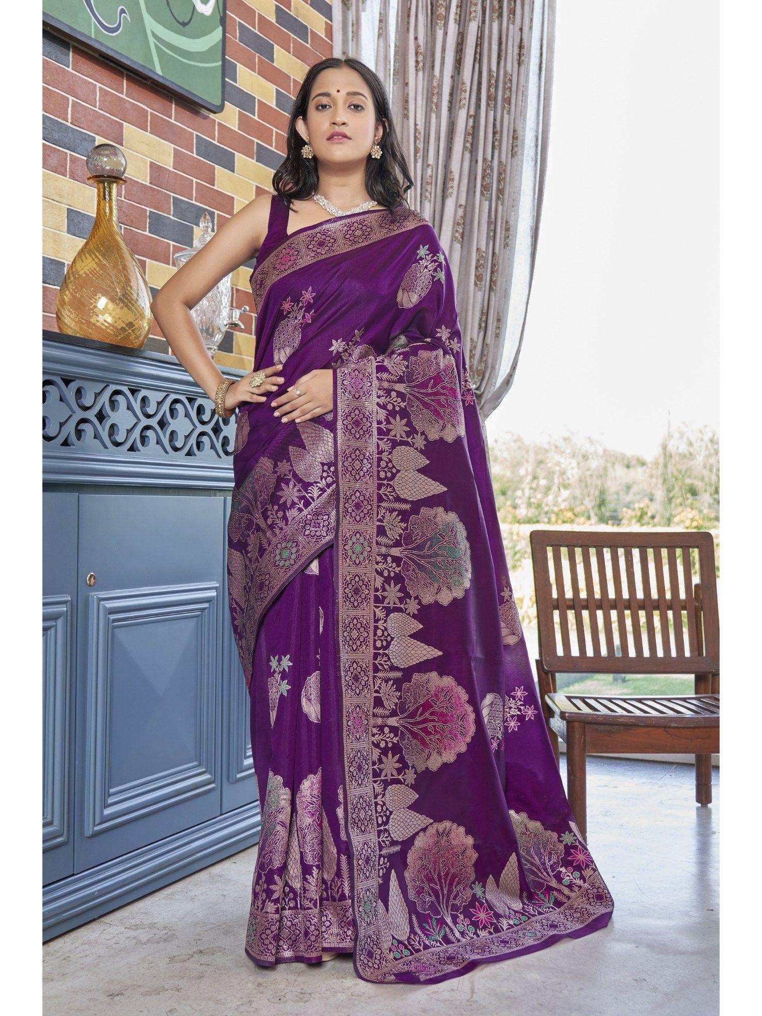 most trendy purple banarasi silk zari woven design saree with unstitched blouse