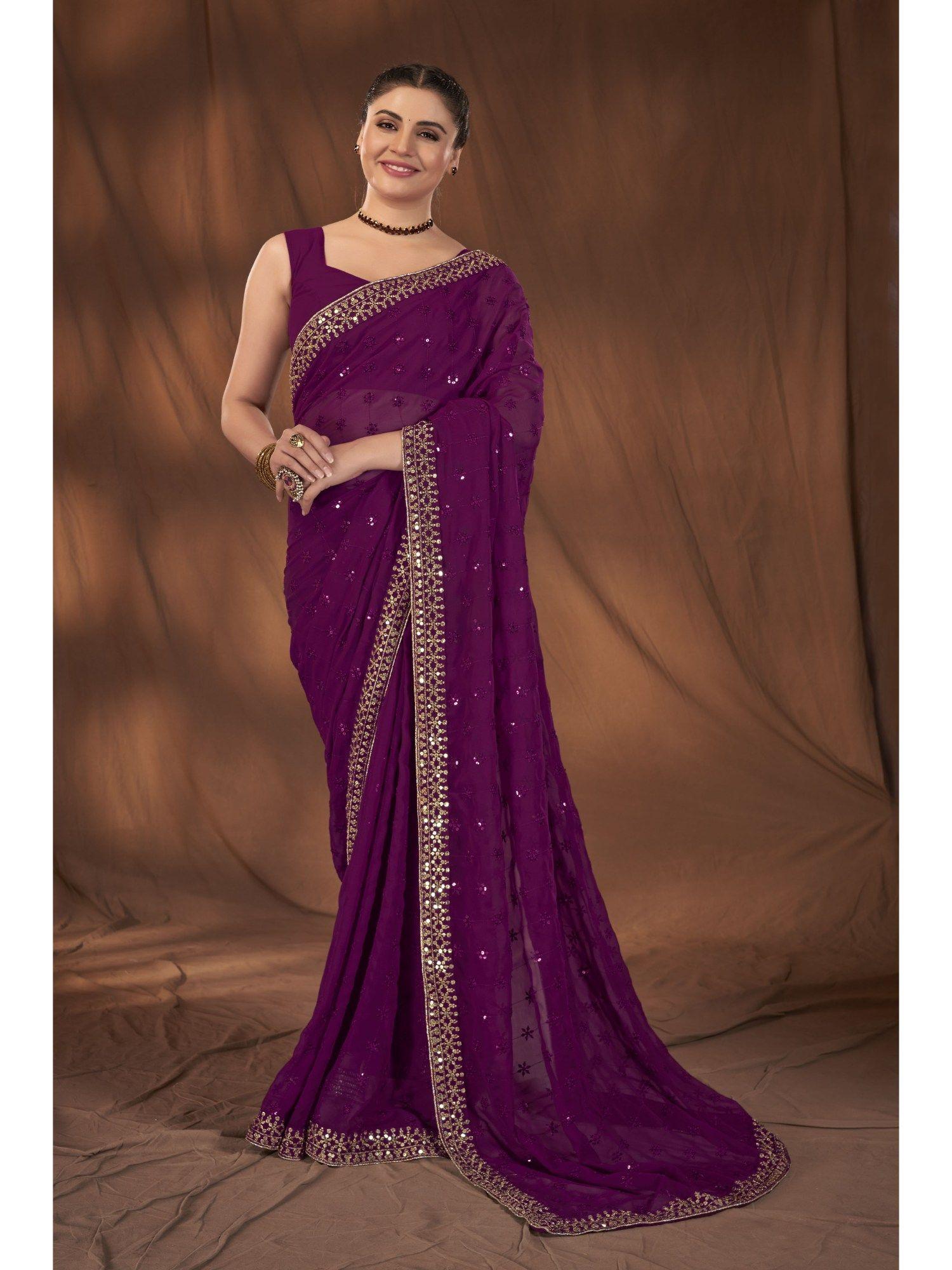 most trendy sequence georgette purple saree with unstitched blouse