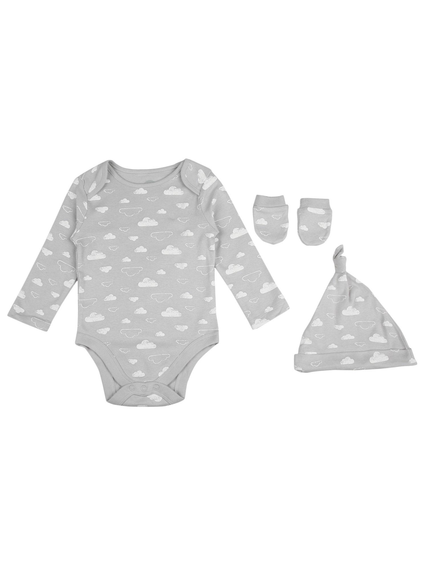 mother care cloud print set for babies bodysuit and socks with cap (set of 3)