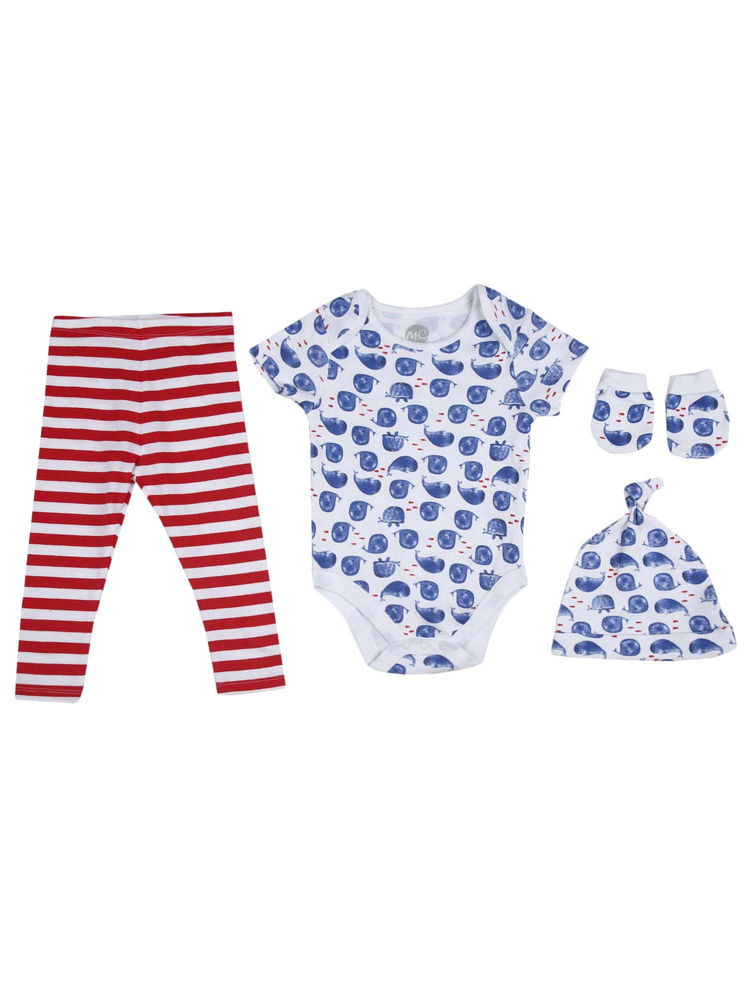 mother care whale print set for bodysuit and pyjama with socks & cap (set of 4)