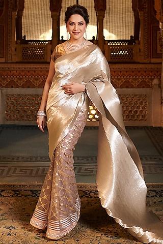 mother of pearl metallic zari pleated saree set