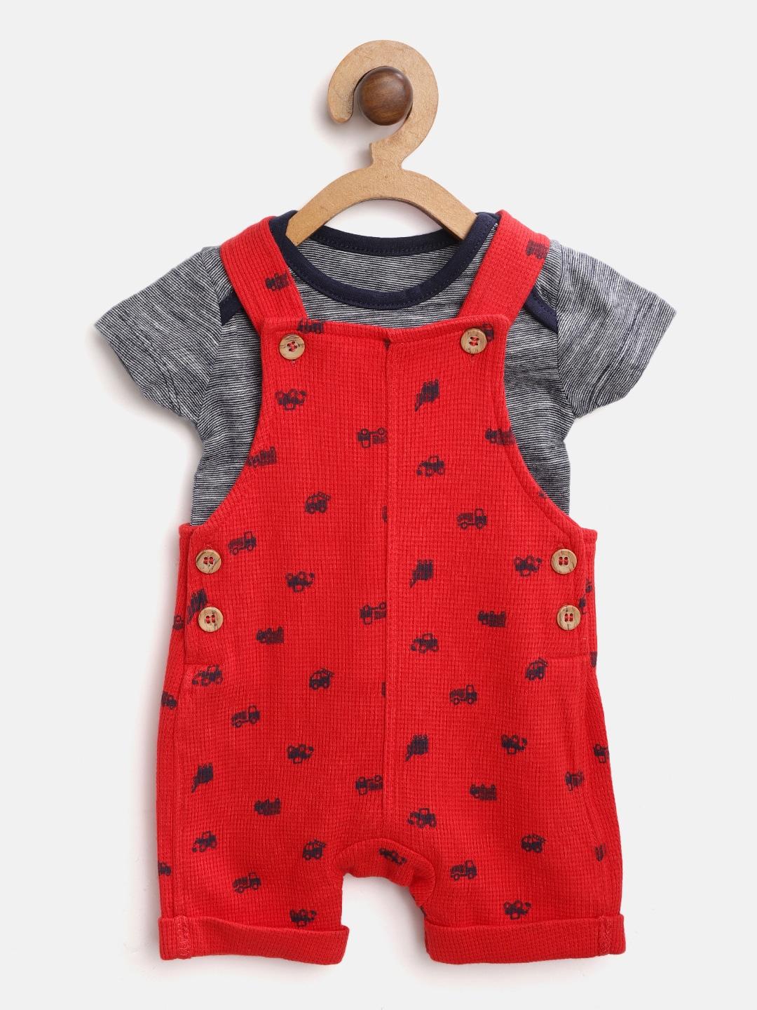 mothercare boys navy blue & red striped bodysuit with dungarees