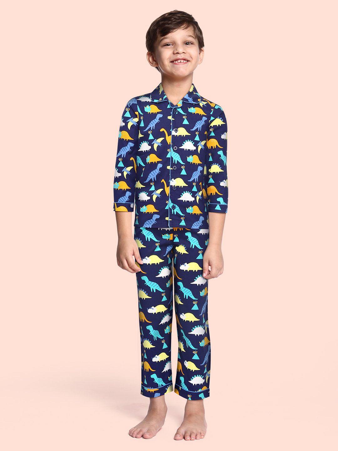mothercare boys navy blue printed pure cotton shirt with pyjamas