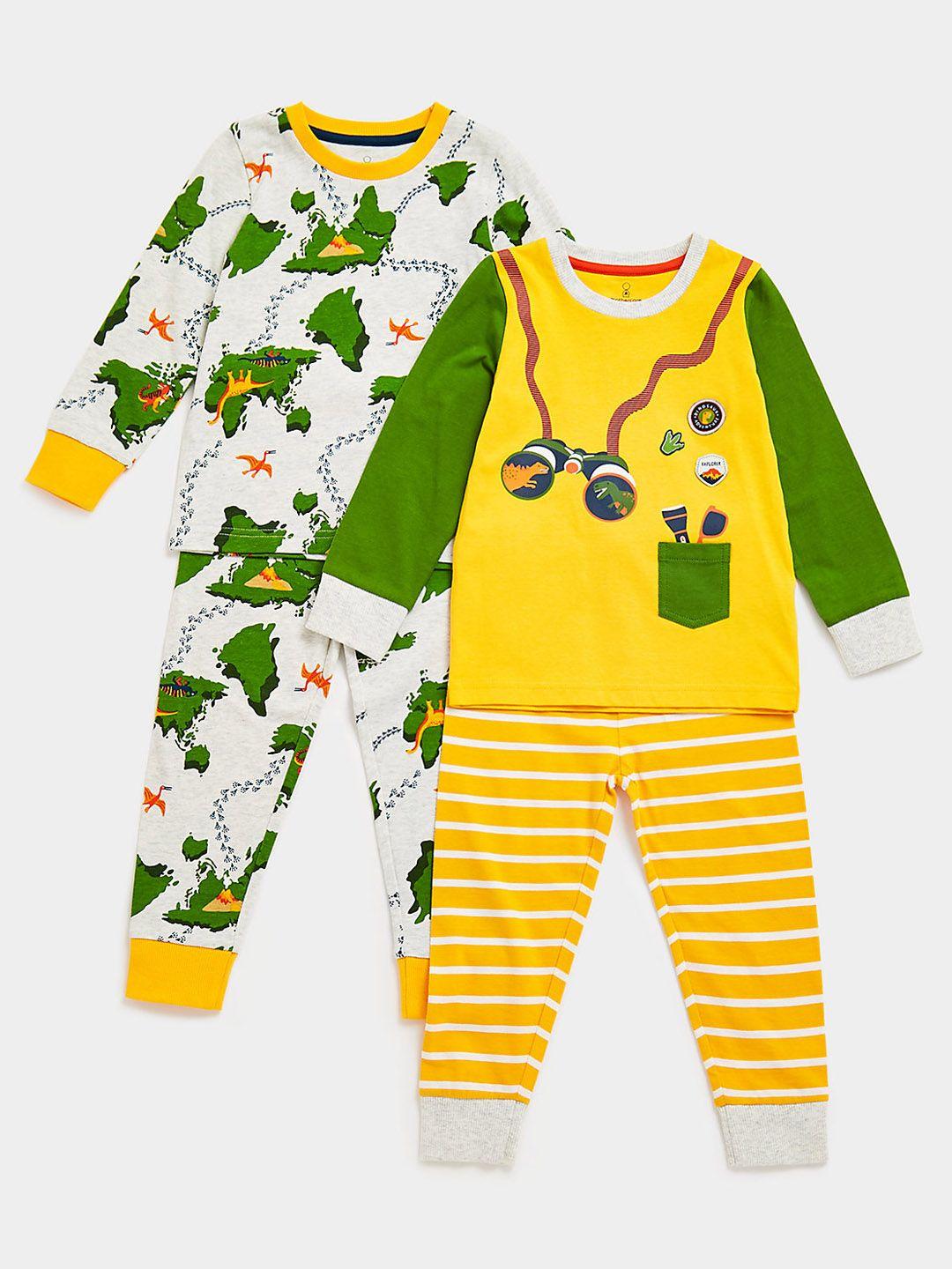 mothercare boys pack of 2 printed pure cotton t-shirt with joggers in grey & yellow