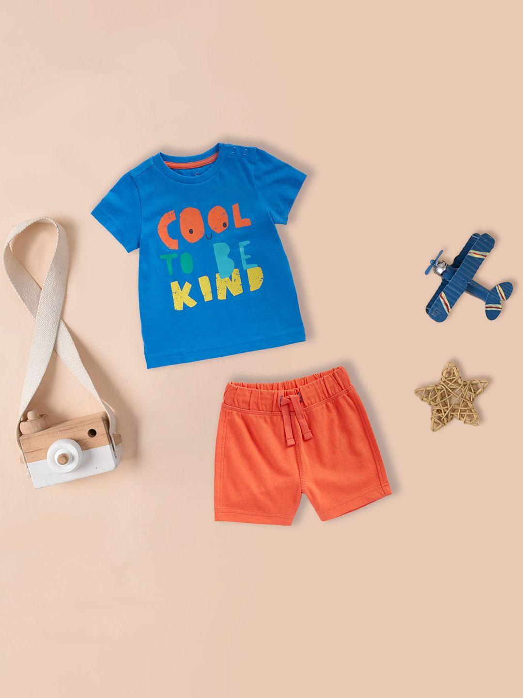 mothercare infant boys blue & coral orange printed pure cotton t-shirt with shorts