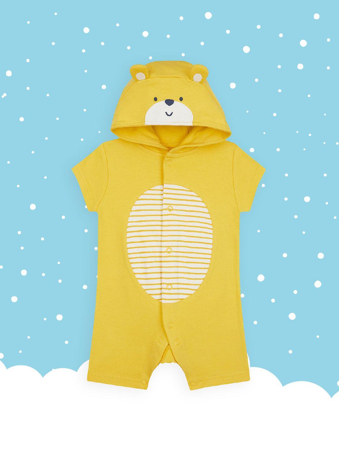 mothercare infant boys yellow & white striped pure cotton hooded rompers