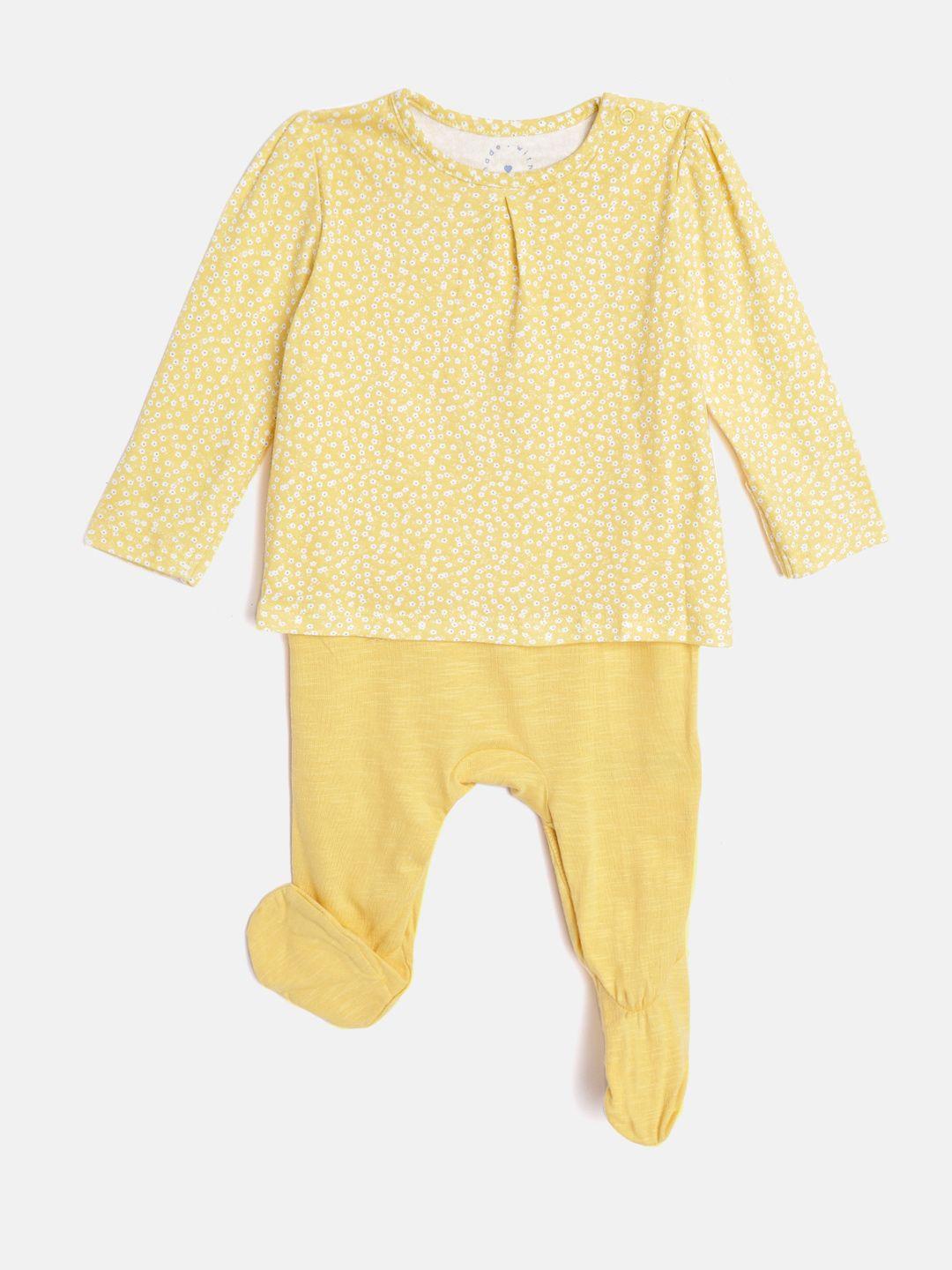 mothercare infant girls yellow & white floral print layered pure cotton sleepsuit