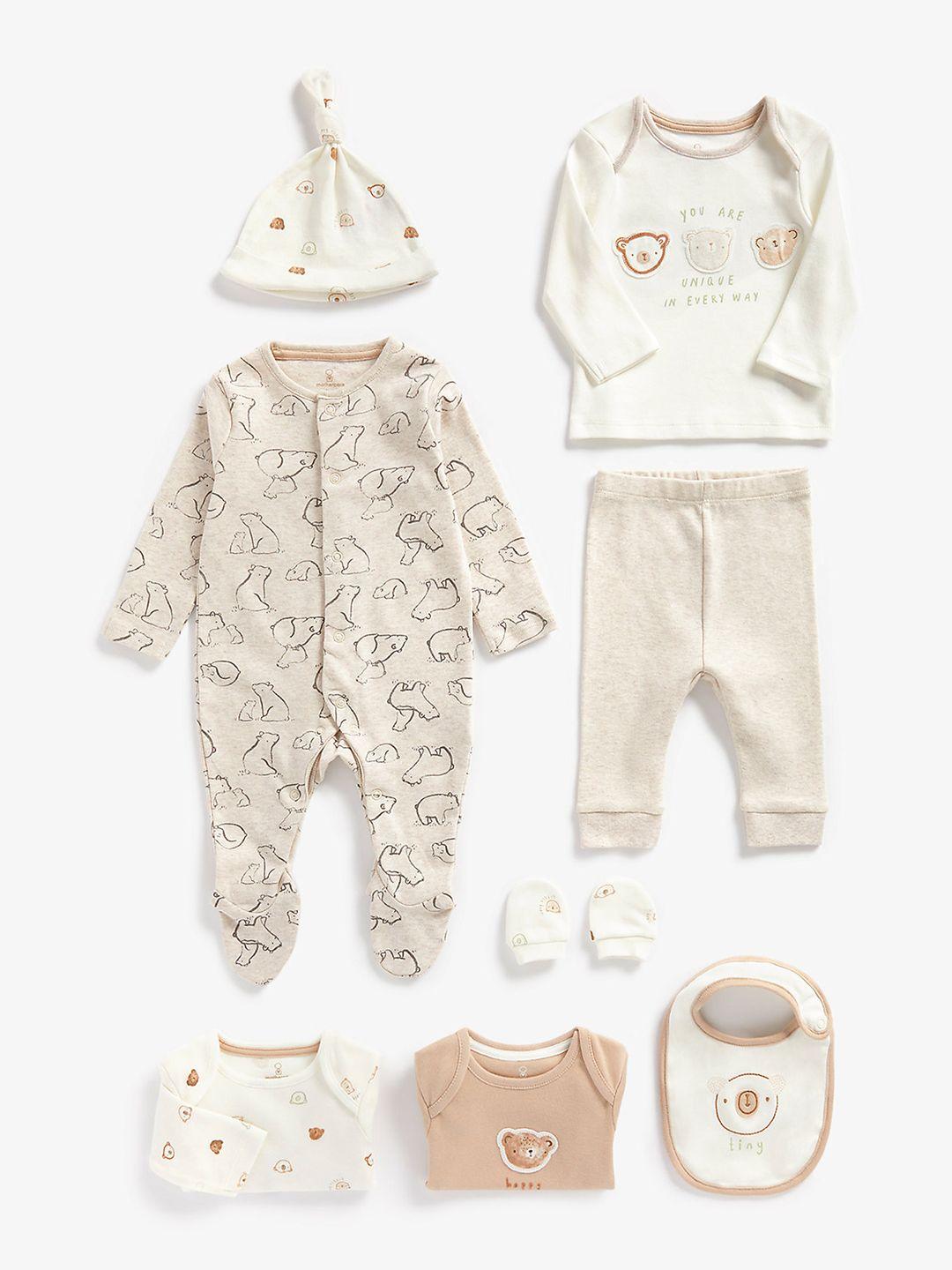 mothercare infant unisex off-white & beige printed organic cotton 8 pcs. gift clothing set