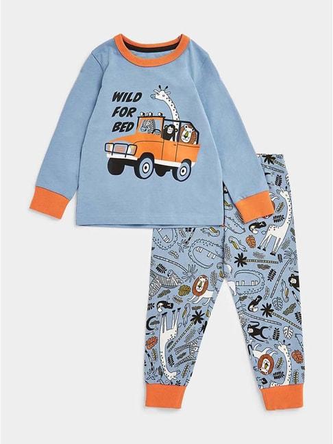 mothercare kids blue & orange cotton printed full sleeves t-shirt set