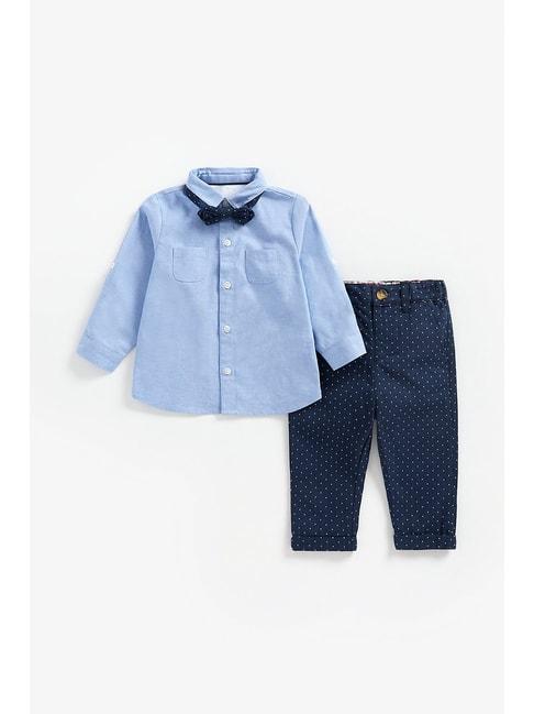 mothercare kids blue solid full sleeves shirt, trousers with bow