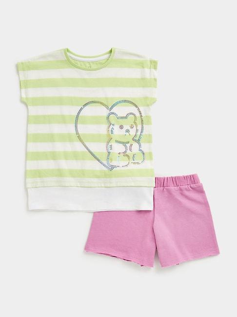 mothercare kids light green & pink embellished t-shirt with shorts