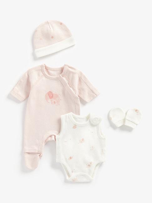 mothercare kids peach & off white printed sleepsuit, bodysuit, cap with mittens