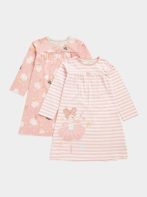 mothercare kids peach printed full sleeves dress (pack of 2)