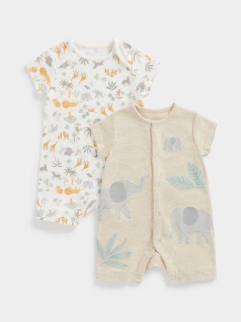 mothercare kids white & beige printed romper (pack of 2)