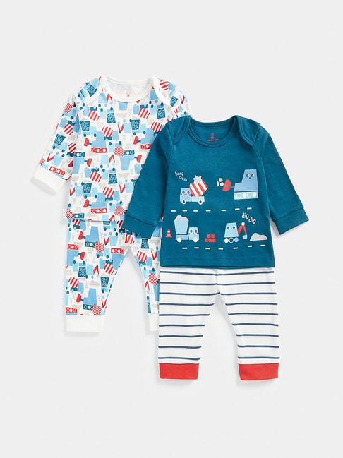 mothercare kids white & blue printed full sleeves t-shirt (pack of 2) with joggers (pack of 2)