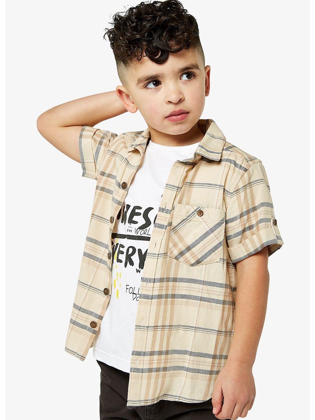 mothercare boys beige regular fit opaque checked pure cotton shirt with printed t-shirt