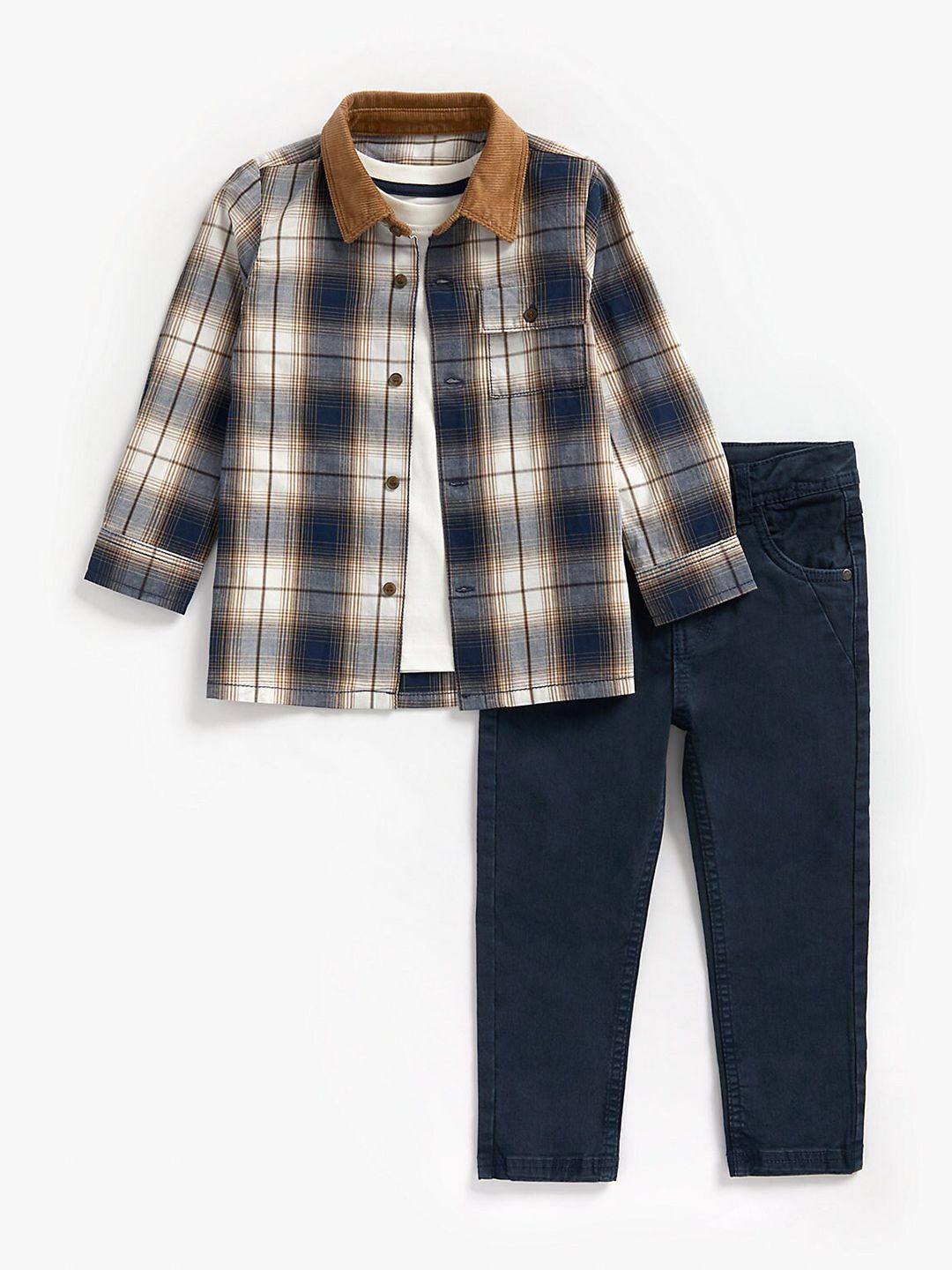 mothercare boys checked pure cotton t-shirt and shirt with trousers