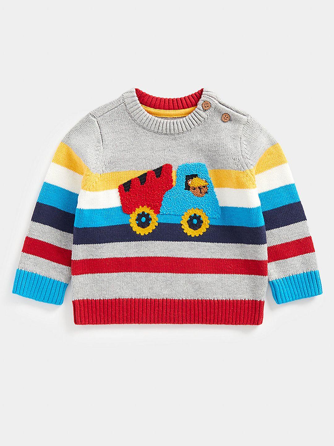 mothercare boys grey & red striped pure cotton pullover sweater with applique detail