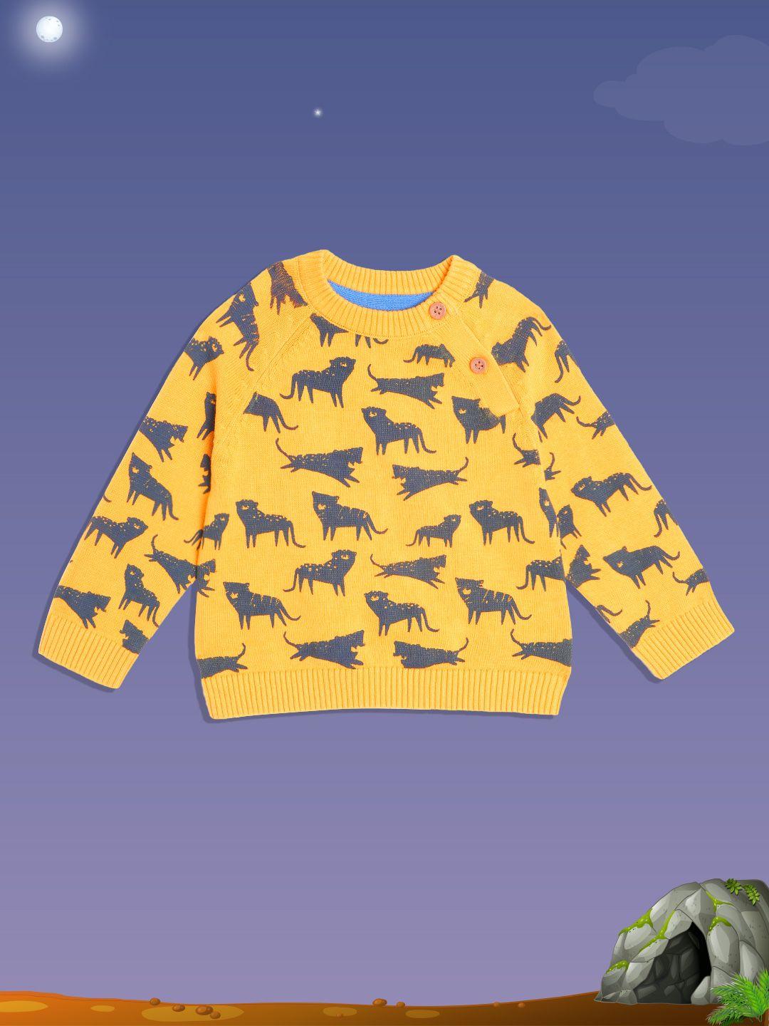 mothercare boys mustard yellow & navy blue printed pure cotton pullover