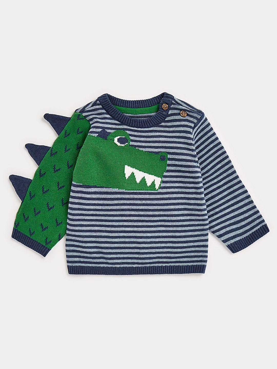 mothercare boys navy blue & green striped pure cotton pullover sweater with 3-d applique