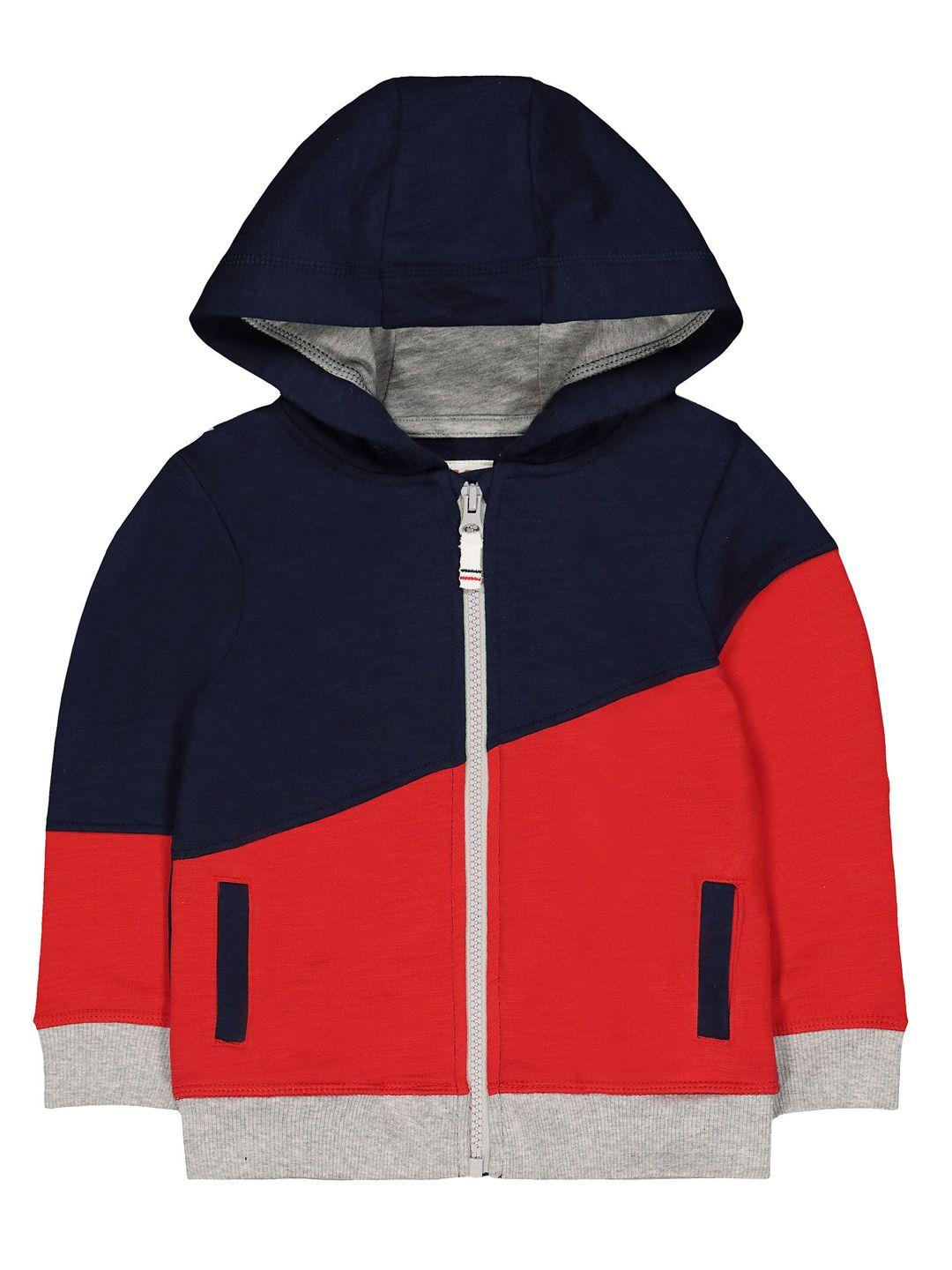 mothercare boys navy blue & red colourblocked hooded sweatshirt