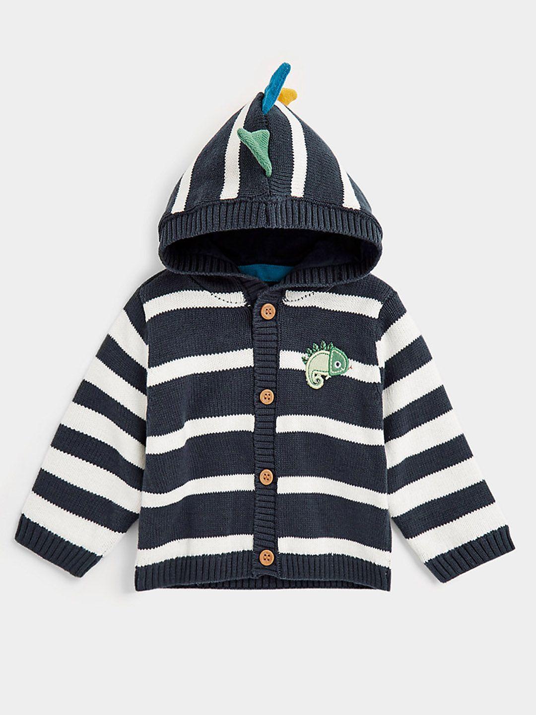 mothercare boys navy blue & white striped pure cotton cardigan with 3-d applique detail