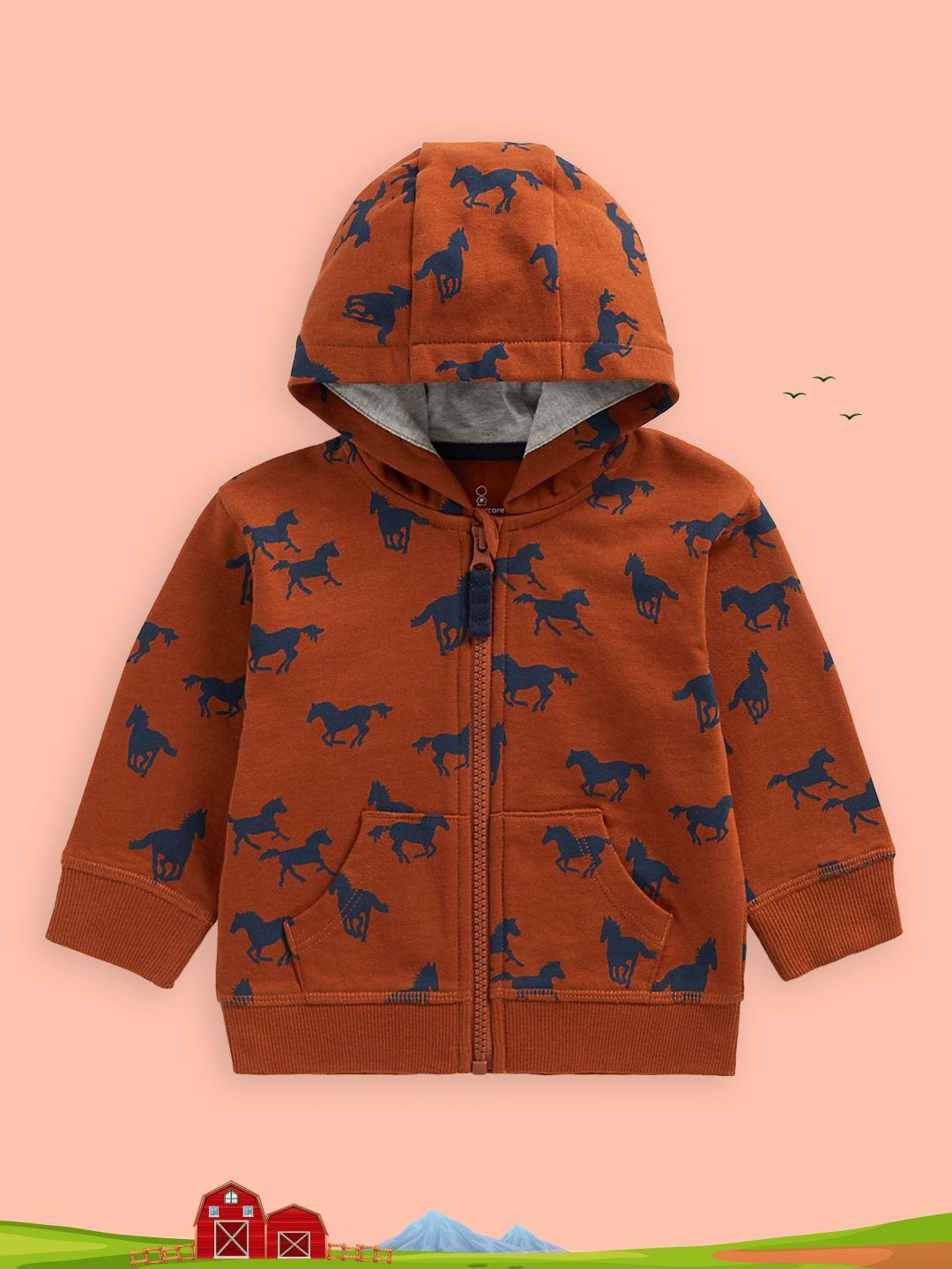 mothercare boys rust brown printed pure cotton hooded sweatshirt