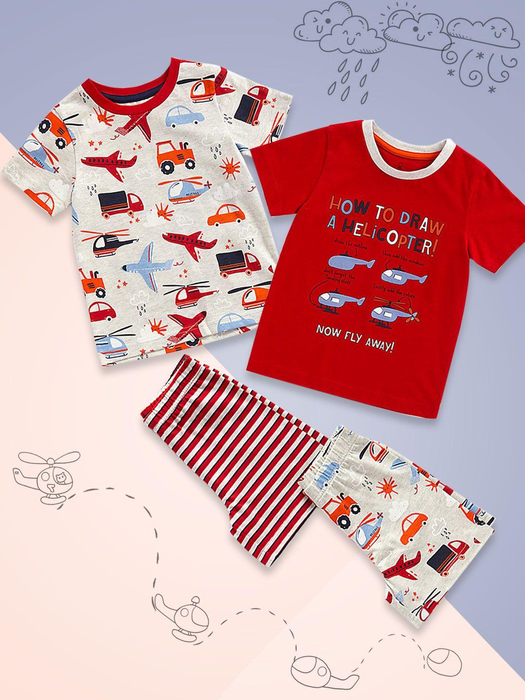 mothercare boys set of 2 white & red printed pure cotton t-shirt with shorts