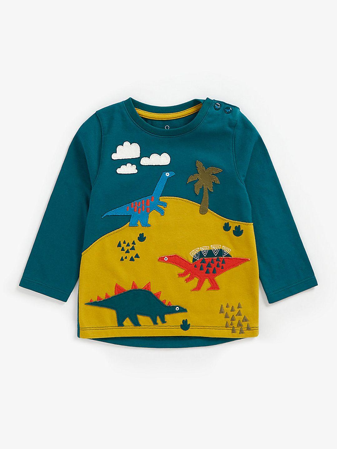 mothercare boys teal green & yellow colourblocked t-shirt with applique detail