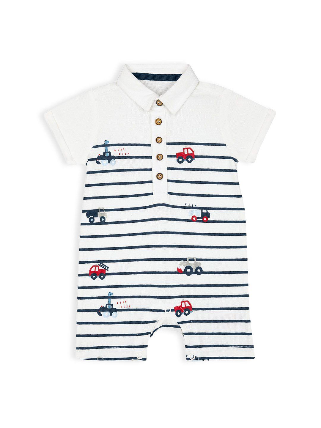 mothercare boys white & navy blue striped & quirky print polo collar pure cotton rompers