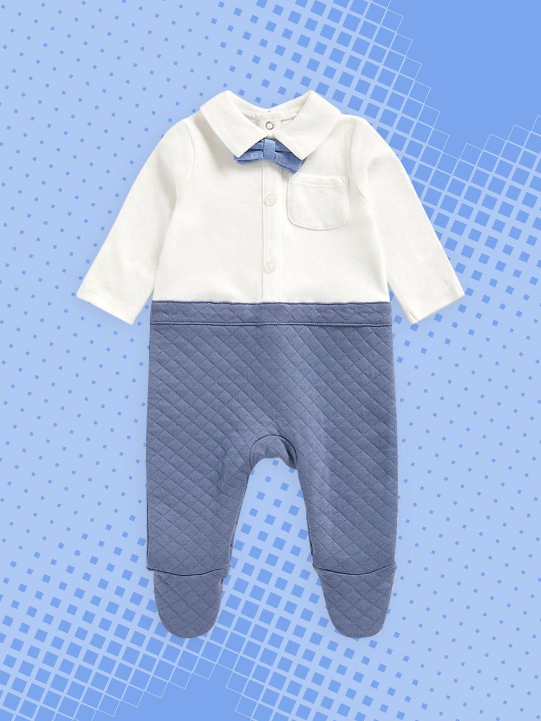 mothercare infant boy blue & white colourblocked pure cotton romper with bow-tie
