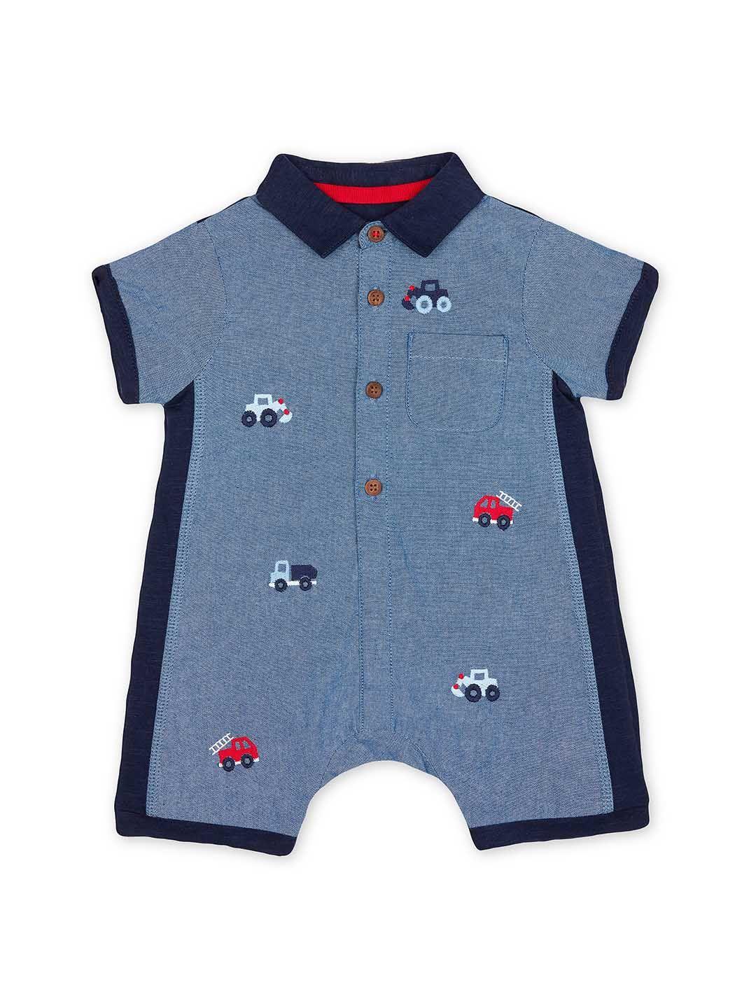 mothercare infant boys blue & red cotton chambray embroidered rompers
