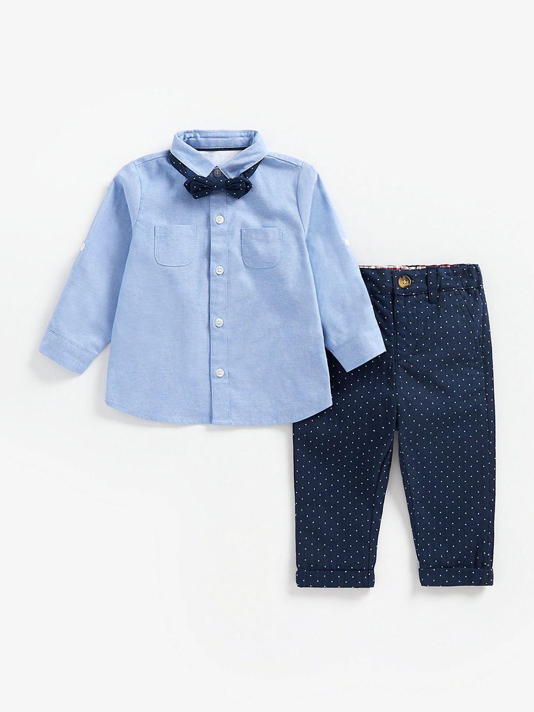 mothercare infant boys blue solid pure cotton shirt with trousers & bow tie