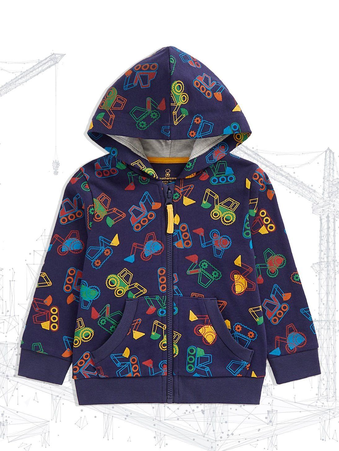 mothercare infant boys navy blue conversational print hooded pure cotton sweatshirt