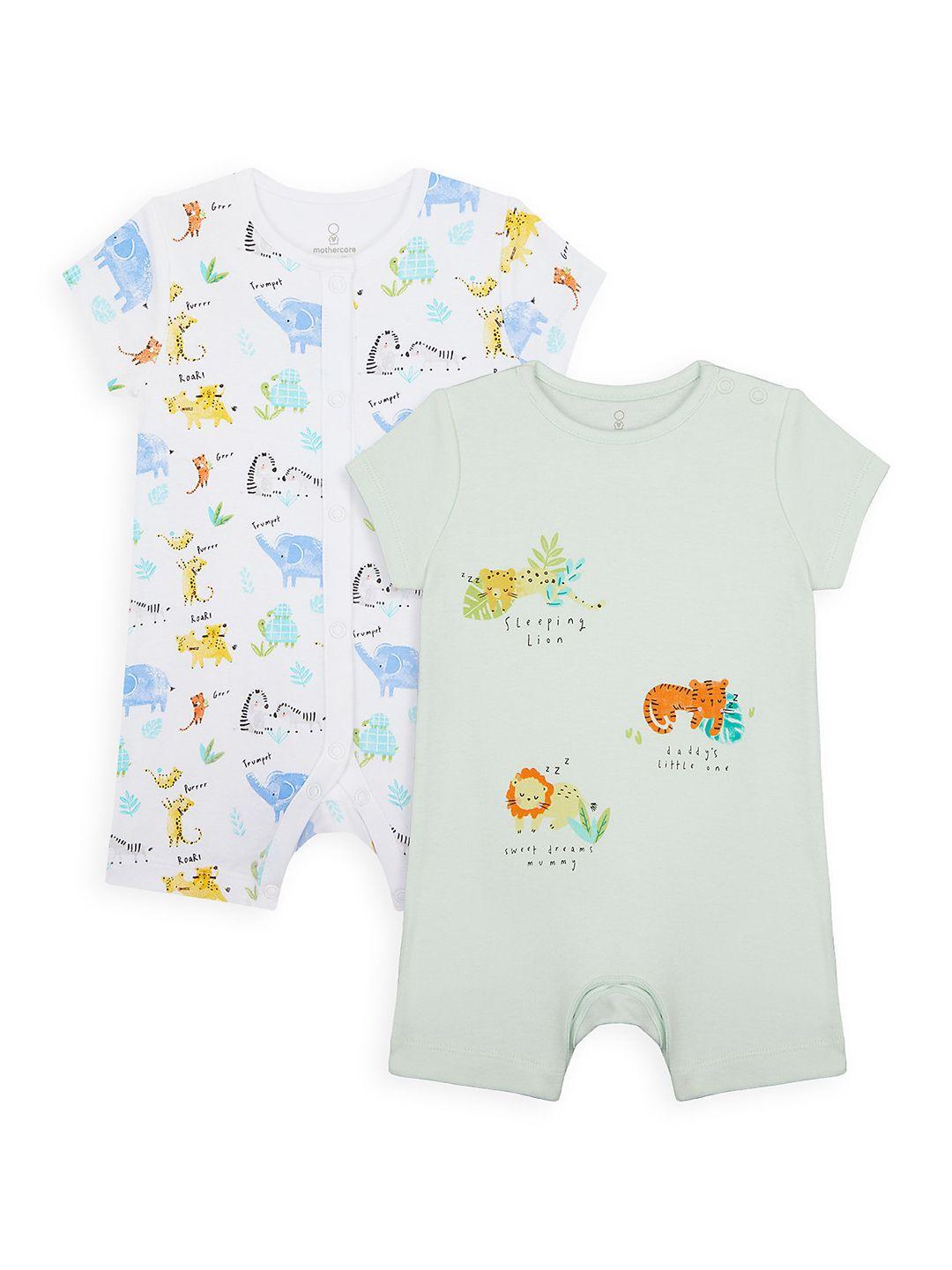 mothercare infant set of 2 white & green printed half sleeves pure cotton rompers