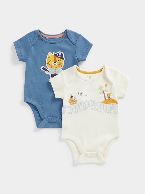 mothercare kids blue & off white printed bodysuit (pack of 2)